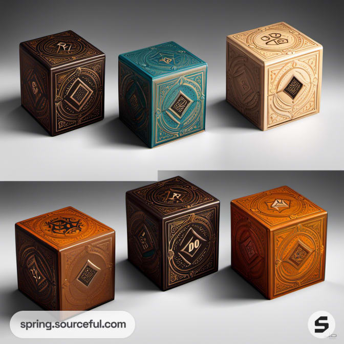 Assorted dice boxes in various colors and intricate designs.