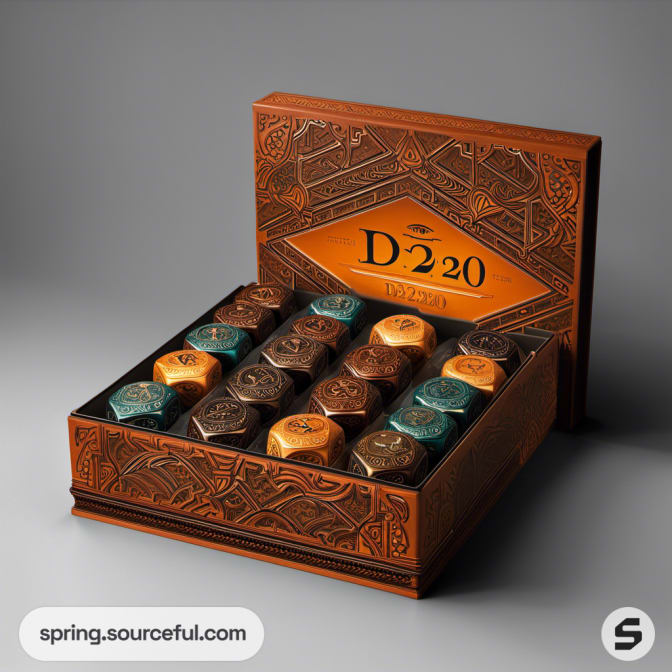 Open artistic box showing colorful dice in brown and teal.