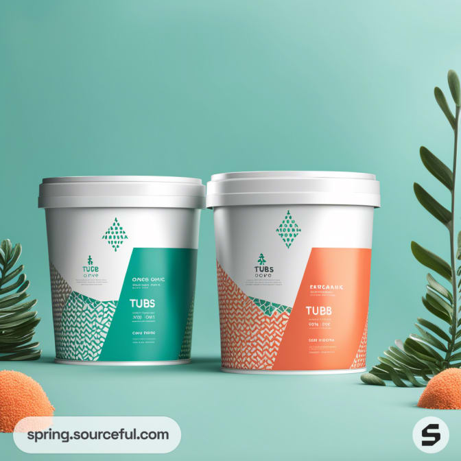 Two white tubs with teal and orange geometric designs on a teal background.