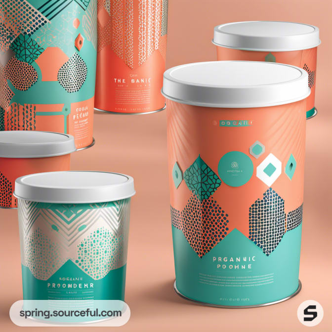 Cylindrical containers with geometric patterns in teal and coral; resealable lids, set against a coral background.