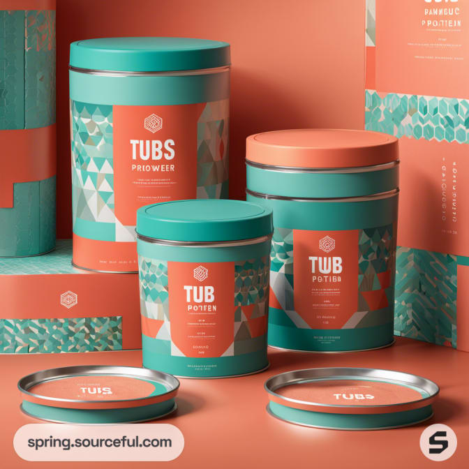 Assorted teal and coral product tubs with geometric patterns, against a matching background.