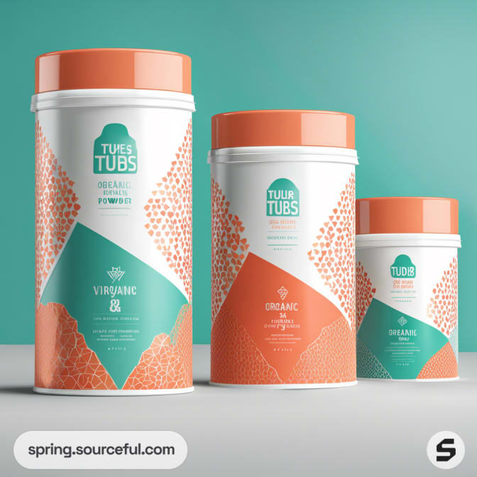 Three white cylindrical containers with orange lids and geometric designs on a teal background.