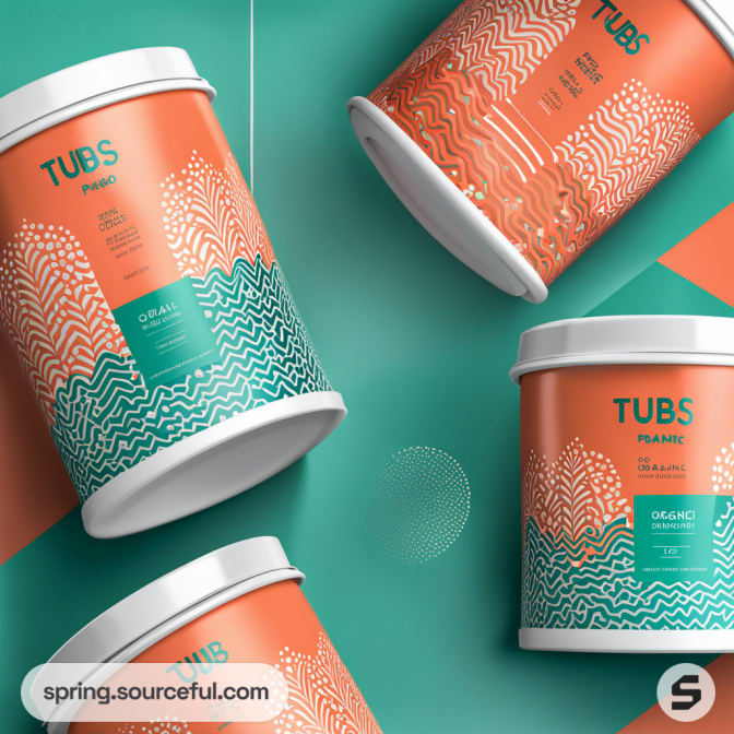 Circular orange and teal tubs with abstract wave patterns and white lids on a teal background.