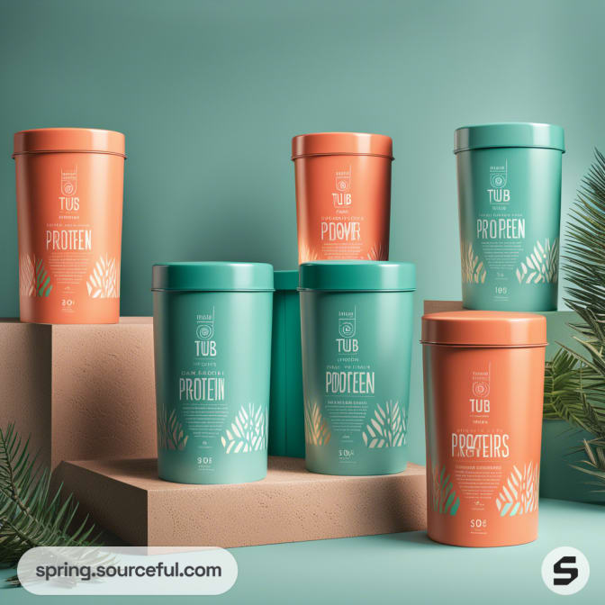 Colorful protein powder tubs in orange and teal with leafy designs, arranged on a teal and brown backdrop.