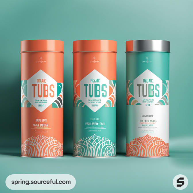 Three cylindrical containers with teal and orange designs, labeled 'Organic Tubs.'