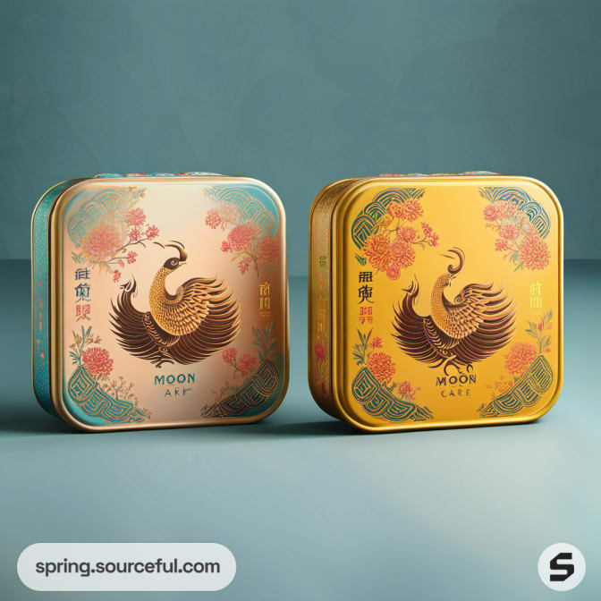 Square decorative tin boxes with floral and peacock designs on a teal background.