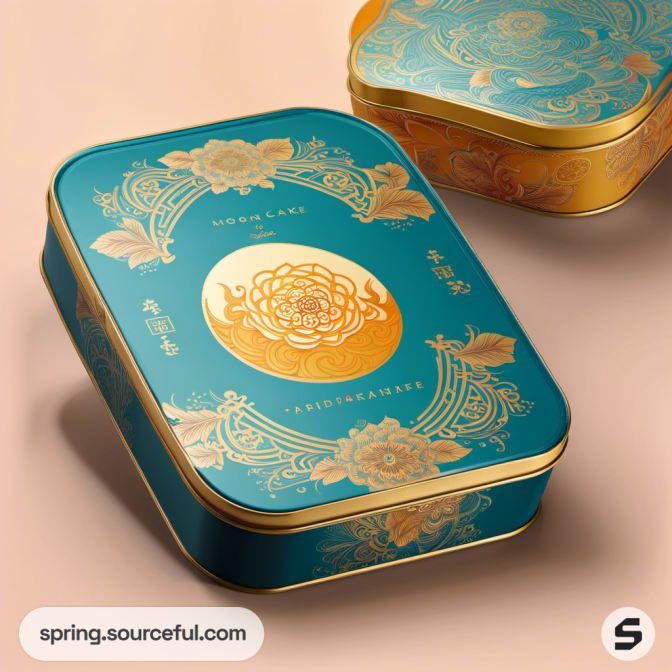 Rectangular tin box with gold floral design on teal background.