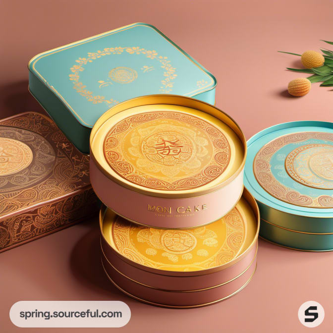 Round and square tin boxes with embossed designs, set on a beige surface.