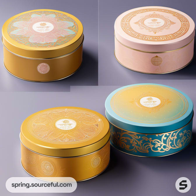 Round tin boxes with embossed floral and ornamental patterns on a gradient background.