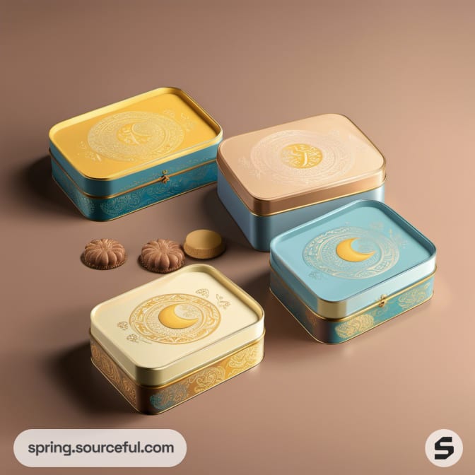 Rectangular pastel tin boxes with moon and star designs on a beige background.