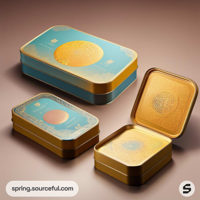 Rectangular teal and gold tin boxes with intricate embossed designs.