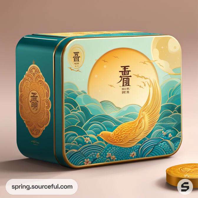 Square tin box with a gold phoenix and landscape design on a green background.