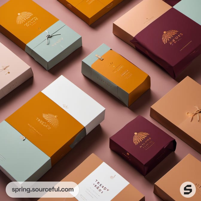 Assorted colorful packaging boxes on pink surface.