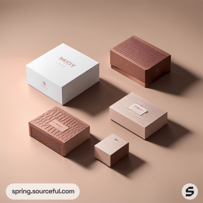 Various sizes of beige boxes with wavy patterns.