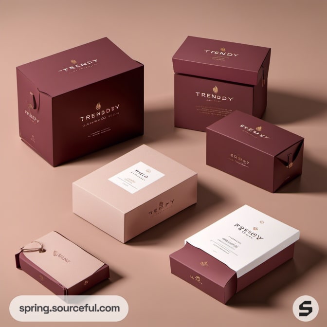 Maroon and beige boxes on a light brown background.