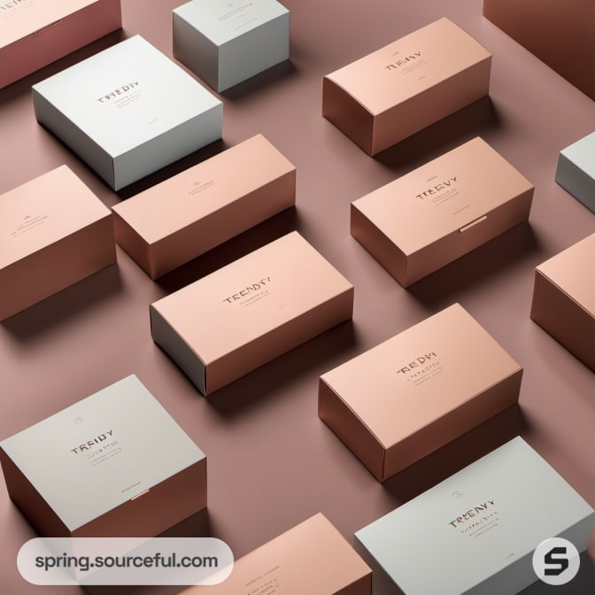 Numerous beige boxes with 'Trendy' text on pink surface.