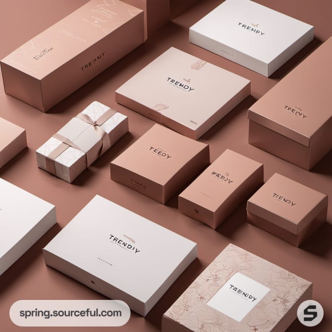 Set of 'Trendy' branded boxes in beige tones.