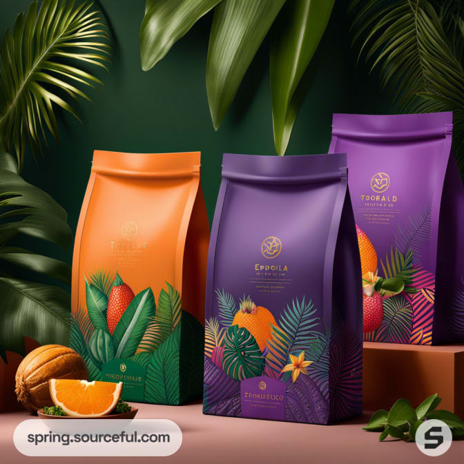 Colorful resealable pouches with fruit and leaf designs against a green background.
