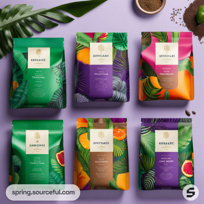 Assorted colorful resealable pouches with leaf and fruit designs on a light background.