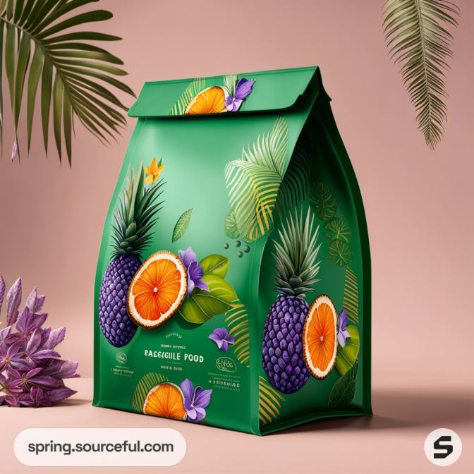 Green resealable pouch with tropical fruit design, featuring pineapples and citrus.