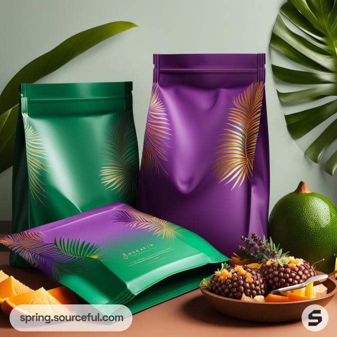Green and purple resealable pouches with leaf designs, tropical fruits and leaves on the table.