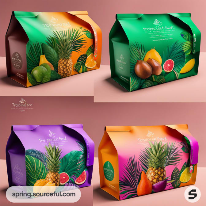 Colorful tropical fruit-themed rectangular food boxes with coconut, mango, pineapple, and citrus designs.