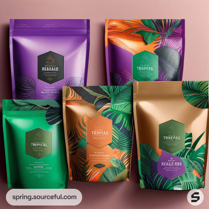 Colorful resealable pouches with tropical leaf designs in purple, orange, green, and brown on a pink background.