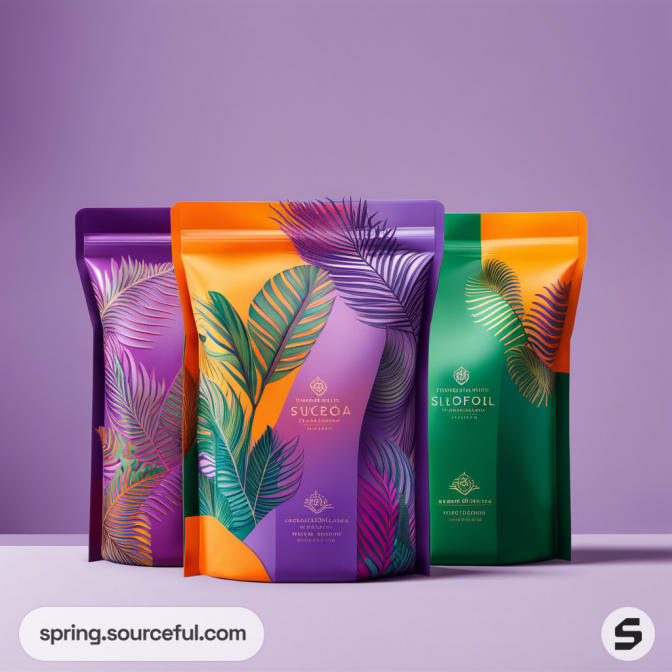 Three colorful resealable pouches with tropical leaf designs on a purple background.