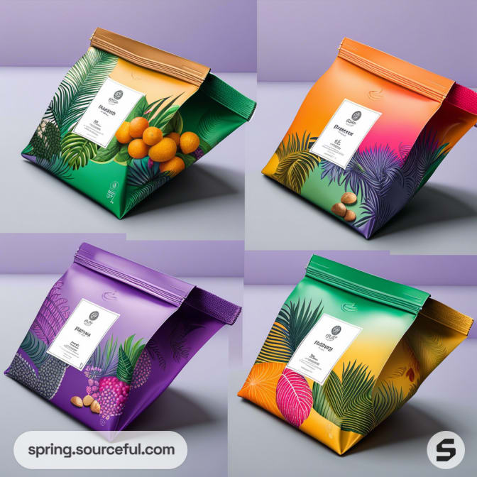 Four resealable pouches with vibrant tropical fruit designs in green, orange, purple, and green/yellow color schemes.