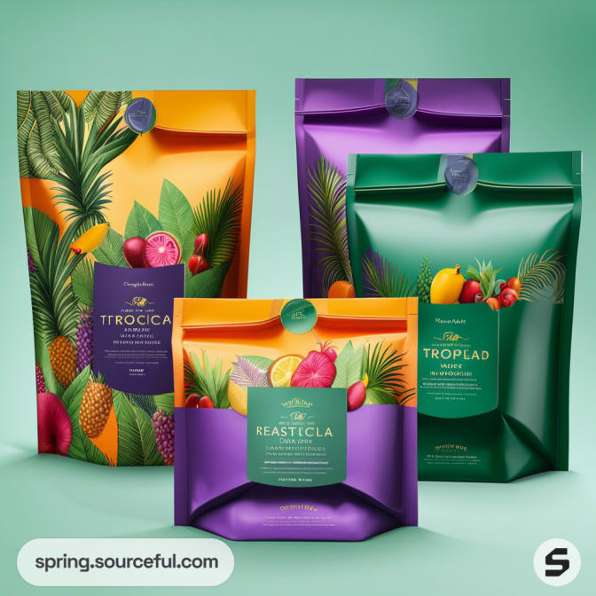 Colorful resealable pouches with tropical fruit designs on a green background.