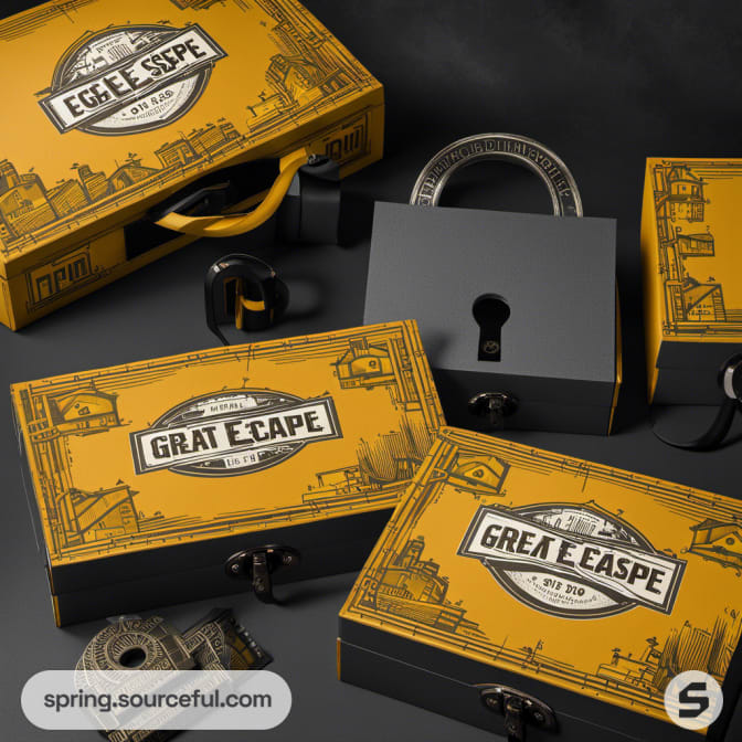Yellow and black escape room-themed boxes with lock designs and cityscape illustrations.