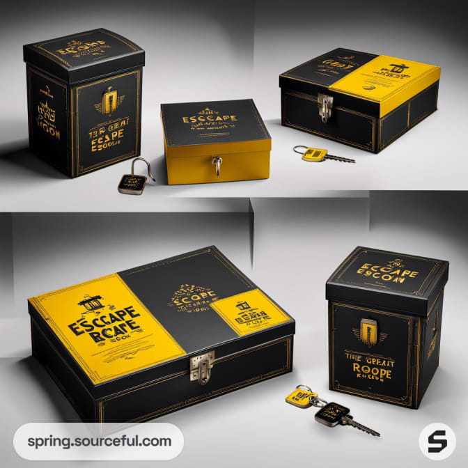 Black and yellow boxes with escape room theme featuring locks and keys.