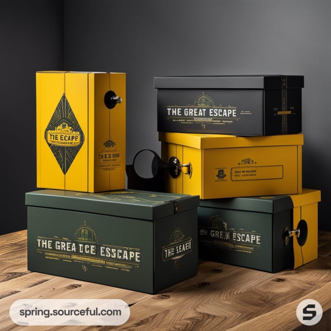 Stacked yellow and green escape-themed boxes with lock motif and typography.