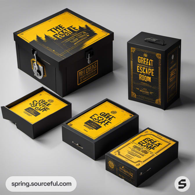 Black and yellow escape room boxes with lock design and forest imagery.