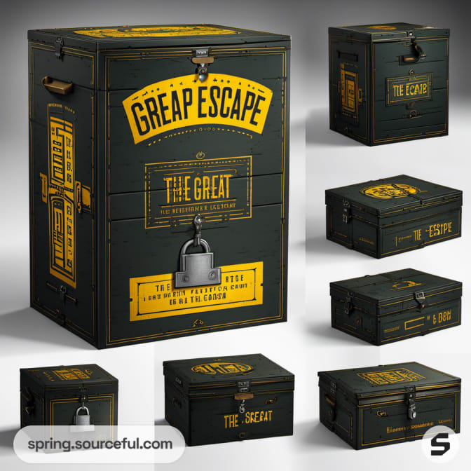 Dark green escape boxes with bold yellow text and lock illustrations.