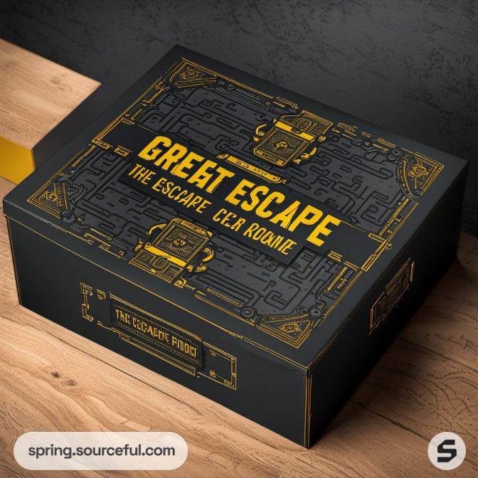 Black box with mechanical design and bold yellow typography for escape room.