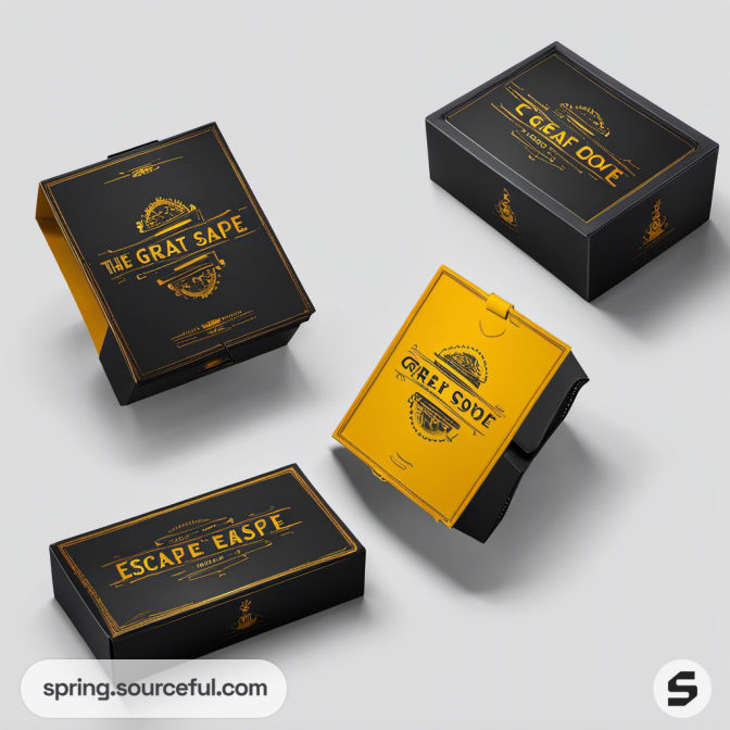Black and yellow escape room boxes with bold designs and typography.