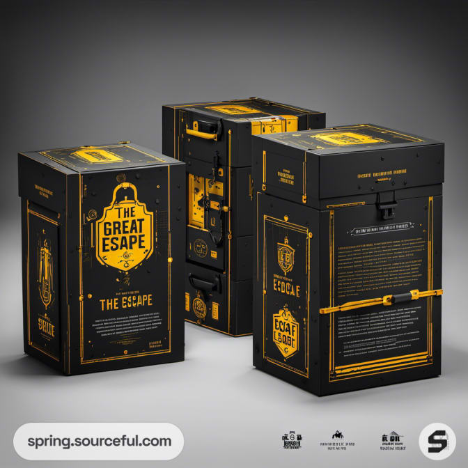 Tall black boxes with escape room theme and intricate lock design.