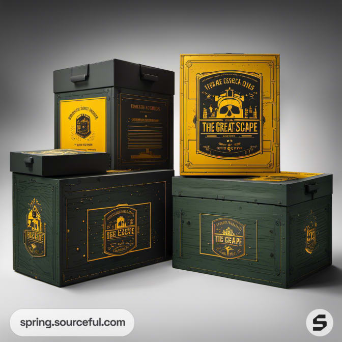 Stacked green and yellow escape room boxes with skeleton motif on top.