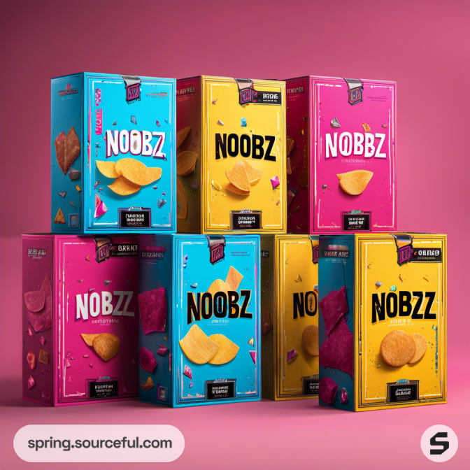 Colorful chip boxes with bold NOOBZ branding on a pink background.