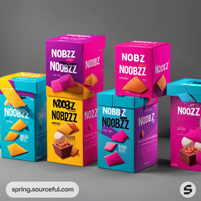Chip packages with vivid NOOBZ colors on a gray background.