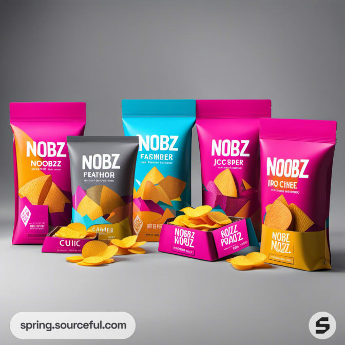 Assorted NOOBZ chip bags with vibrant colors on display.