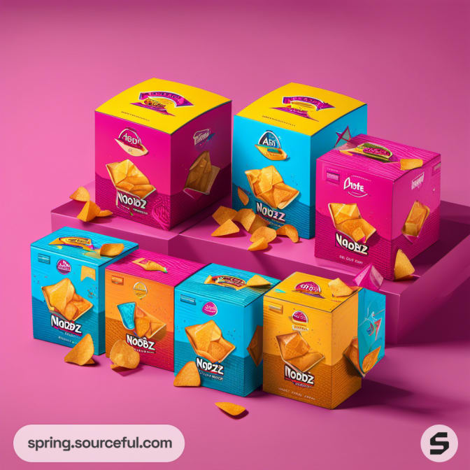 Eye-catching NOOBZ snack boxes against a pink background.
