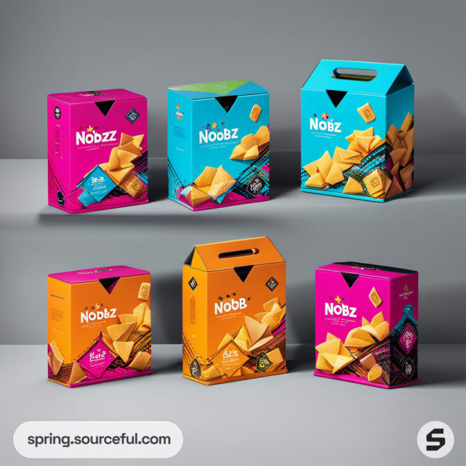 Variety of NOOBZ chip boxes with handles on a gray background.
