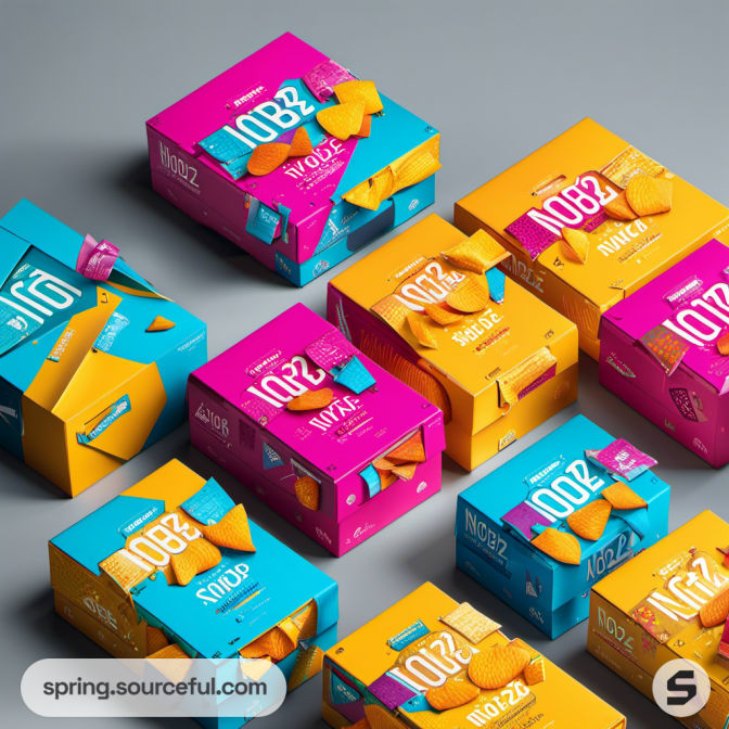Brightly colored NOOBZ snack boxes arranged on a gray surface.
