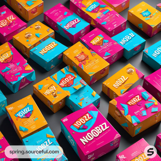 Colorful assortment of NOOBZ snack boxes.