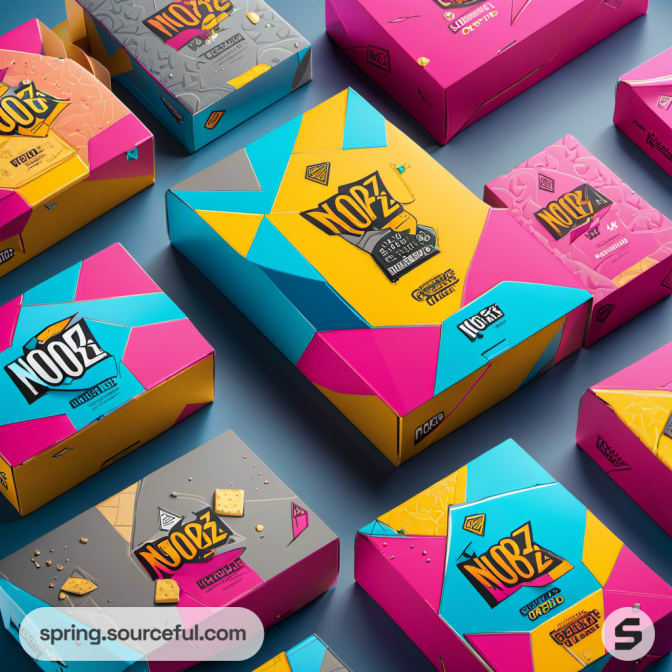Vivid NOOBZ snack boxes with geometric patterns.