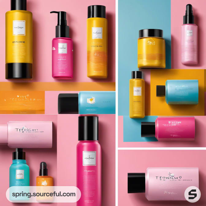 Colorful skincare packaging on pink and blue surfaces.