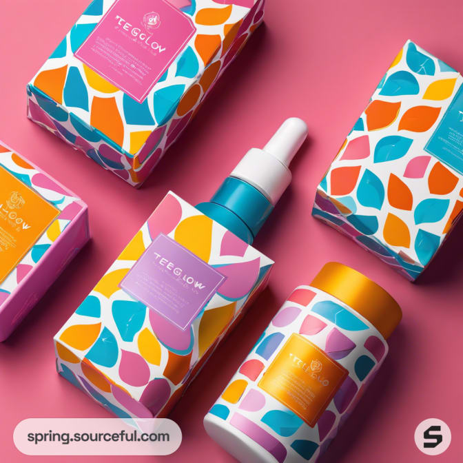 Vibrant cosmetic boxes with abstract leaf patterns.