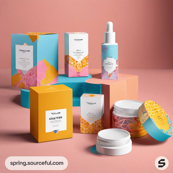Pastel skincare products on a pink backdrop.
